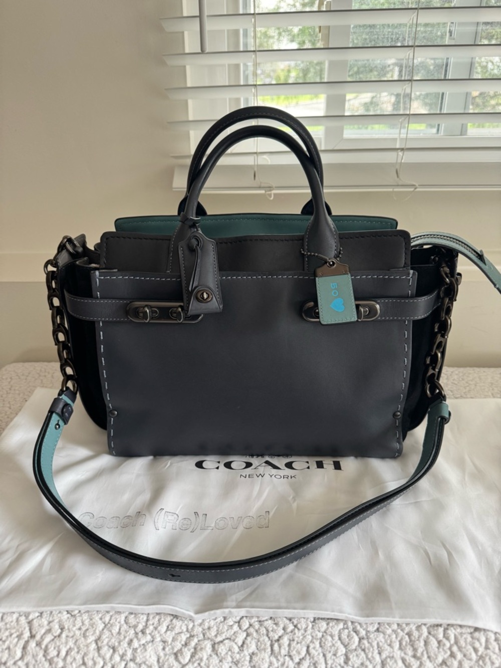 Coach Re(Loved) Nave Blue Teal Double Swagger Mixed Leather Suede Satchel 26818